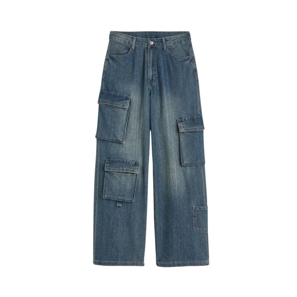New H&M Divided Wide Leg High Cargo Jeans‎ Women's 2 US 34 EU Blue Denim Pants